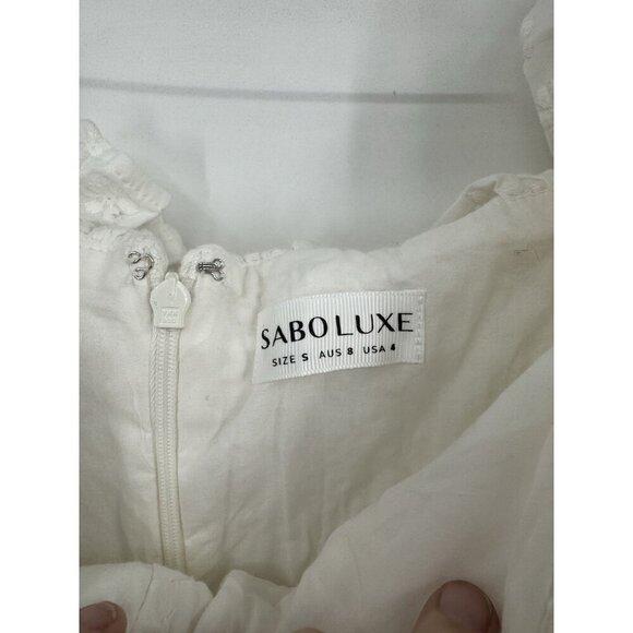 Sabo Luxe Mini Dress Women 4 White Ruffle Textured Floral Peasant Milkmaid - Picture 4 of 10